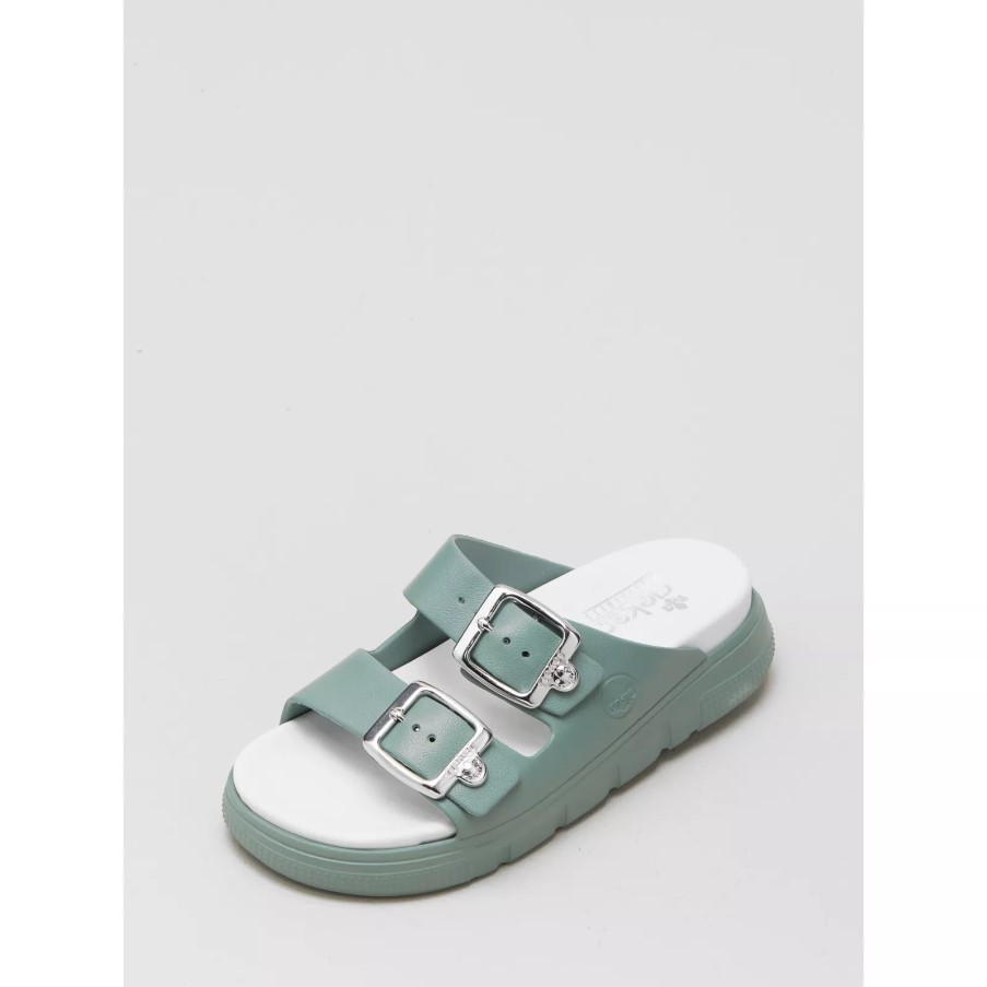 グリーン Rieker ダブル ストラップ スライド サンダル