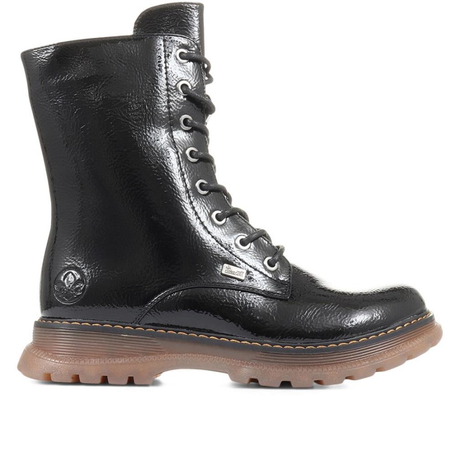 リーカー ブラック パテント レースアップ カーフ ブーツ