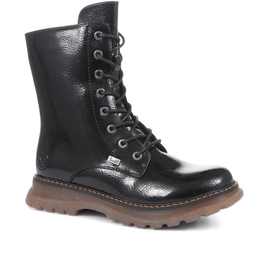 リーカー ブラック パテント レースアップ カーフ ブーツ